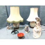 Two chinoiserie tablelamps with shades - famile rose style & blanc-de-chine, both on hardwood