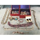 Miscellaneous jewellery including necklaces, brooches, some silver, gents cufflinks & studs,