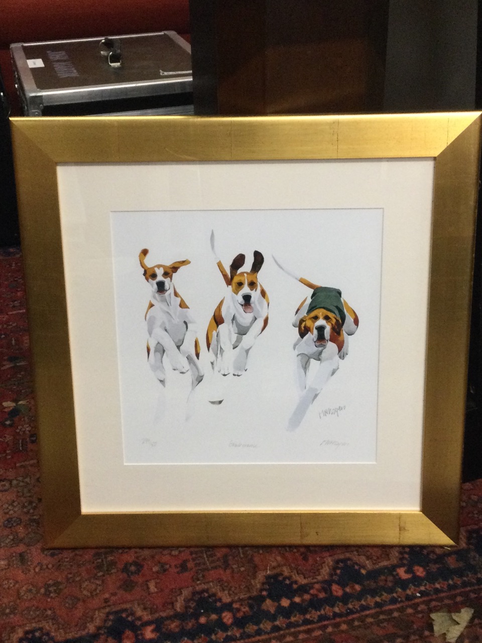 Mary Anne Rogers, square lithographic coloured print of three hounds, titled in pencil Exuberence, - Image 3 of 3