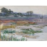 Chas Eileen? watercolour, coastal estuary view with seagulls & boat, signed indistinctly,