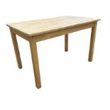 A rectangular block-top birch kitchen table raised on square column legs. (47in x 29.5in x 29.25in)