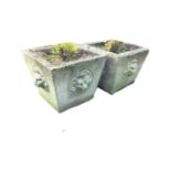 A pair of square composition stone tapering garden pots, the sides cast with circular lionhead