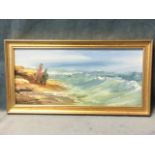Frank Burke, oil on board, two figures looking out to choppy sea, signed & gilt framed. (13in x
