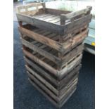 Eight rectangular pine farm vegetable crates with slatted bases and handles to sides. (30in x 18in x