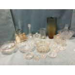 Miscellaneous glass including cut fruitbowls, a cordial jug, two biscuit barrels & covers, a
