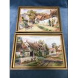 GH Parker, watercolours, a pair, thatched village street-scenes with figures, horses, etc., signed