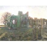 Peter Langley, oil on canvas, landscape study of Lindisfarne Priory, signed indistinctly, labelled