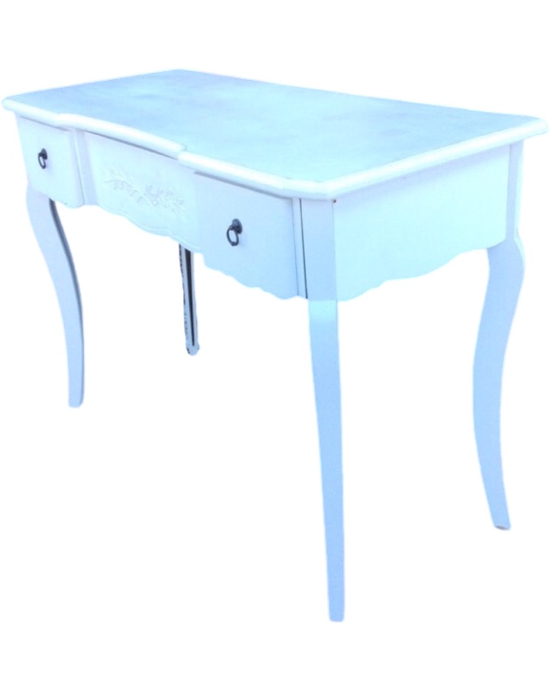 A painted dressing table, the moulded top of breakfront outline having floral carved apron drawer