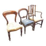 A Victorian mahogany chair with peach decorated upholstered seat on turned legs; an Edwardian