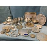 Miscellaneous silver plate including a Garrard gadroon moulded teaset, trays, two sets of goblets, a
