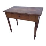 A Victorian mahogany writing table with rectangular moulded top above a central frieze drawer with