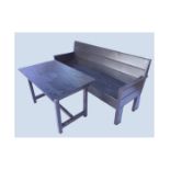 A stained rectangular bench with tongue & grooved back & seat raised on rectangular legs; and an