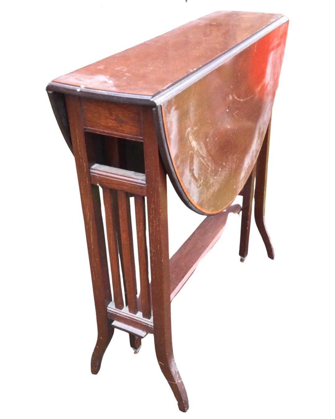 An Edwardian mahogany sutherland table with satinwood crossbanding to oval top, having drop-leaves - Image 2 of 3