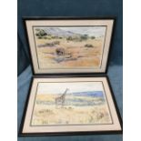 Jeff Huntly, a pair of coloured prints, African landscapes with rhinos and girafffe, signed in print