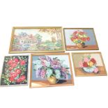 Four framed floral woolwork tapestry pictures; and another depicting a rectangular cottage