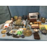 Miscellaneous collectors items including pewter, a leather fishing tackle wallet, silver plate, a