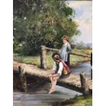 S White, oil on board, girl & boy fishing on bridge, signed and gilt framed. (10.25in x 12.75in)