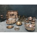 A collection of silver plate & pewter including a gadrooned teaset, tankards, vases, a 1896/1921