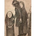 LS Lowry, monochrome print with three figures titled The Family Discussion, signed in print and