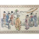 A hand-embroidered chinoiserie tapestry with figures in garden framed by flowerhead border,