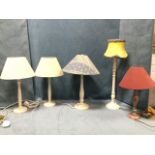 Five wood tablelamps - a white painted pair, one with fluted column, floral handpainted, etc. (5)