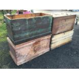 Four old Victorian blanket boxes, three with missing lids, one without base, one with brass