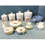 A set of four Italian handpainted storage jars & covers - tea, coffee, sugar & flour; three Royal