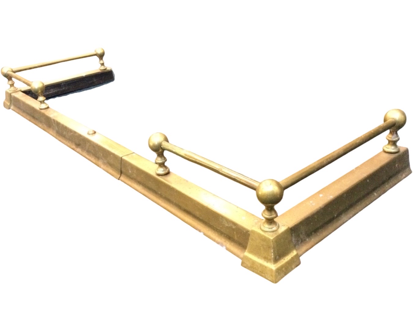 A telescopic brass fender, the plain curb mounted with tubular rails to sides with ball supports.