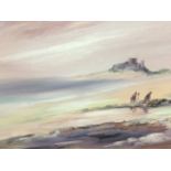 Frank Burke, oil on board, Bamburgh beach with three figures, signed & framed. (19.5in x 15.5in)