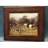 An oleographic Victorian style canvas hunting print depicting meet by country house, in wide antique