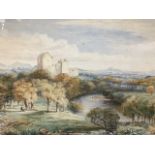 T Williams, watercolour, river landscape with castles, woodland and figures, cows and single