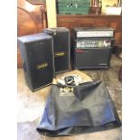An electric PA system with pair of August tower speakers, an HH twin input 150W combo instrument