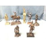 Six metal figurines - a Victorian spelter red Indian, knights in armour, soldiers, a seated pewter