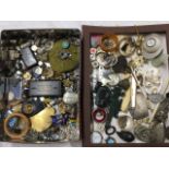 Two boxes of miscellaneous small collectors items - some silver, enamelled badges, compacts,