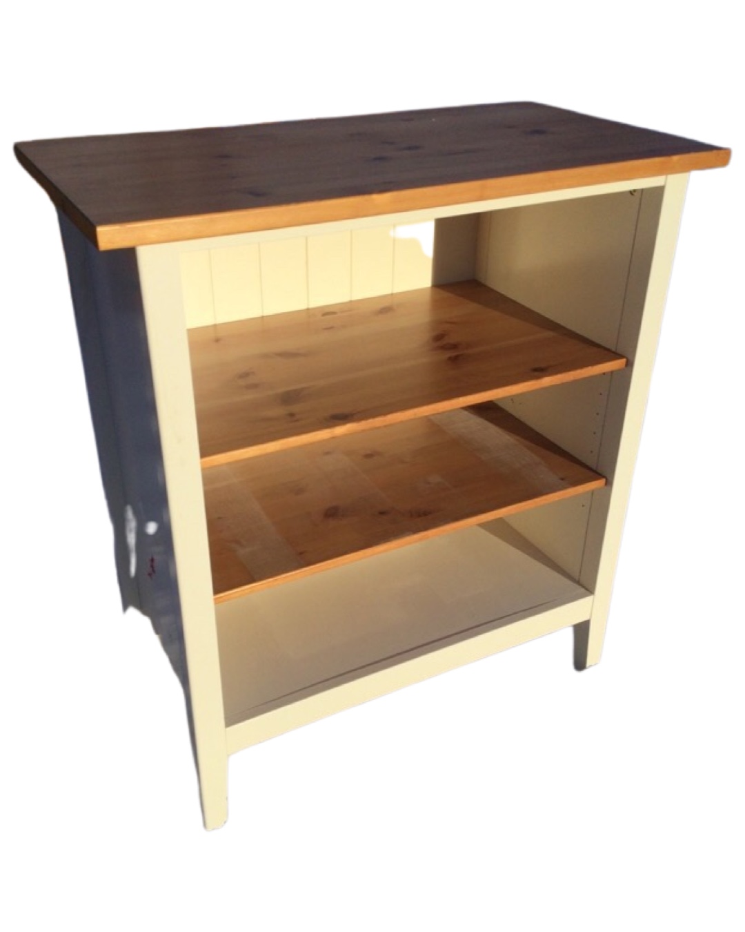 A modern set of painted pine open adjustable shelves, with rectangular top and tongue & grooved