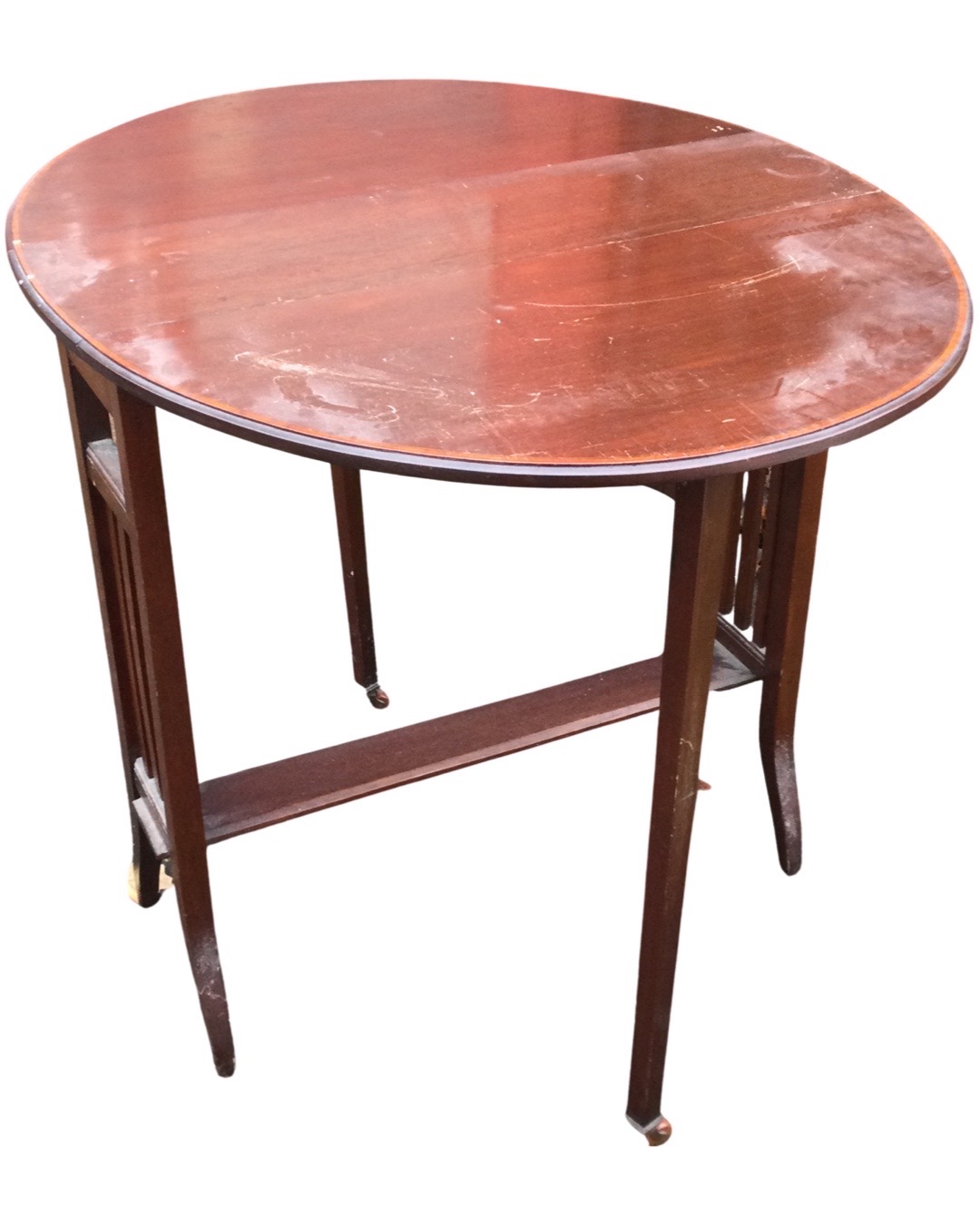 An Edwardian mahogany sutherland table with satinwood crossbanding to oval top, having drop-leaves - Image 3 of 3