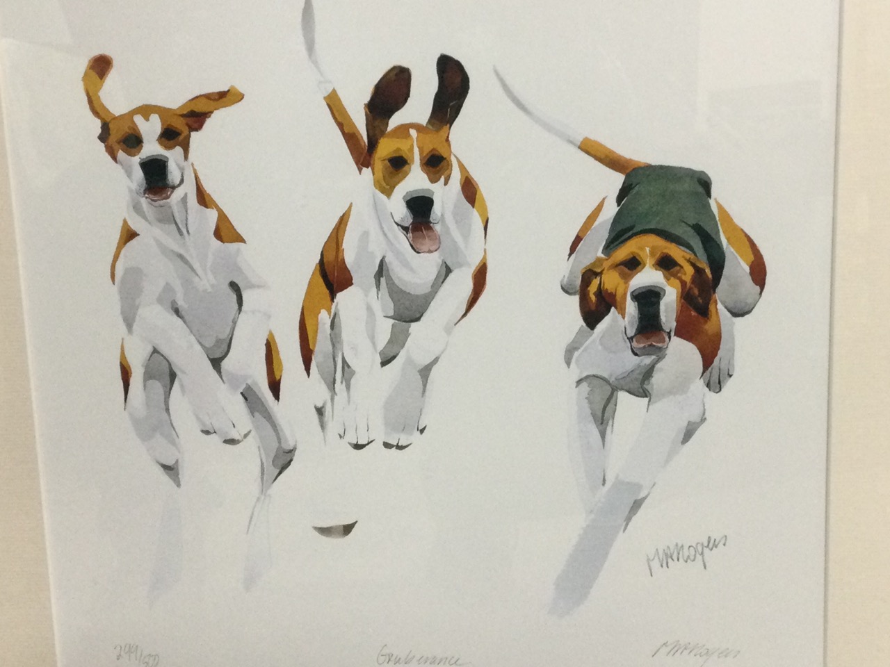 Mary Anne Rogers, square lithographic coloured print of three hounds, titled in pencil Exuberence,