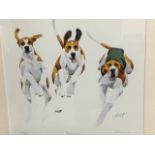 Mary Anne Rogers, square lithographic coloured print of three hounds, titled in pencil Exuberence,