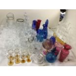 Miscellaneous glass including sets of drinking glasses, art glass vases, a decanter & stopper,