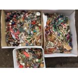 Three boxes of miscellaneous jewellery - necklaces, bangles, beads, some silver, earrings, brooches,