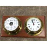 A Foster Callear marine bulkhead type brass clock and barometer, the circular dials in cases mounted