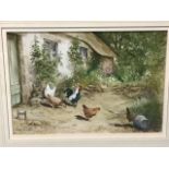 Chris Sparrow, watercolour, chickens on path outside cottage, signed, mounted & framed. (10.5in x