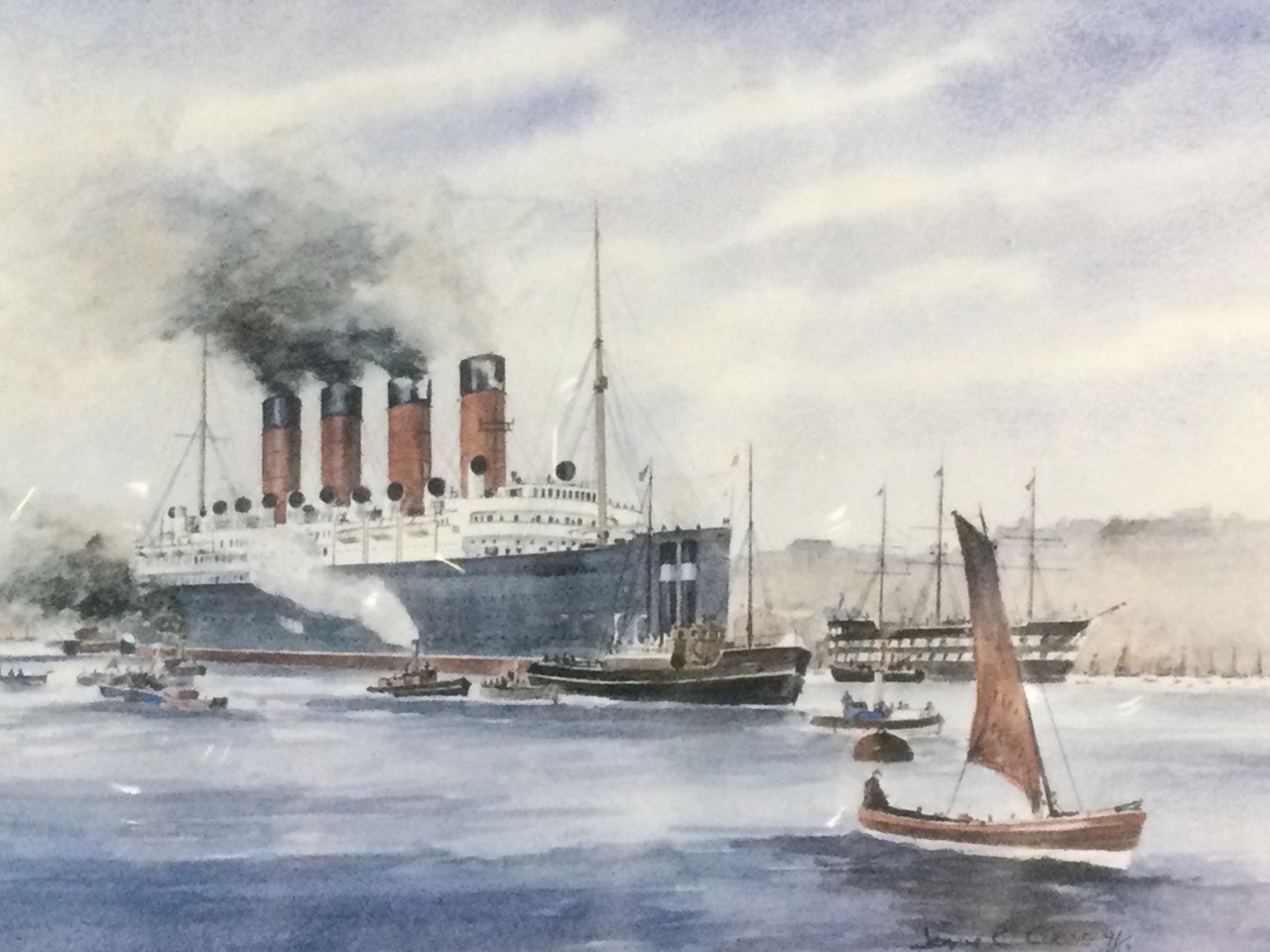 John Currie, lithographic print, the Mauritania leaving the Tyne, signed in pencil on margin, - Image 2 of 3