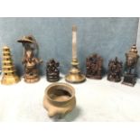 Miscellaneous eastern carved & brass/bronze pieces - an elephant, a six-tier pagoda, ebonised carved