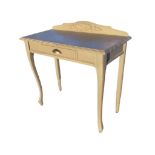 A painted side table, the moulded upstand with applied foliate scrolled decoration above a