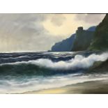 B Laui?, oil on canvas, coastal view with crushing waves beneath cliffs and high building, signed
