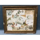 A gilt framed case of old birthday, Christmas and general greeting cards - embossed 1893, floral,