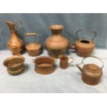 Miscellaneous copper & brass including two copper kettles, a large hammered vase, pots, a tea