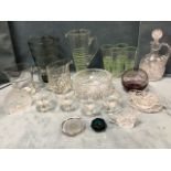 Miscellaneous glass including a deco tapering four-piece cordial set with jug, a heavy cut claret