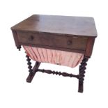 A rectangular rounded Victorian mahogany sewing table, with fitted tray frieze drawer above a silk